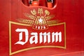 Badalona, Barcelona, Spain - February 26, 2021. Close-up detail of Estrella DAMM beer, following the original recipe since its