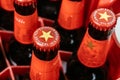 Badalona, Barcelona, Spain - February 26, 2021. Close-up detail of Estrella DAMM beer, following the original recipe since its