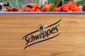 Badalona, Barcelona, Spain - February 25, 2021. Schweppes logo on a blackboard, international brand of carbonated drinks