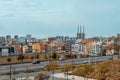 Badalona, Spain- May 2, 2023. Panoramic view of Badalona, Spain. Thermal power plant, Three chimneys