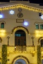Badalona, Spain November 25, 2023. Festive architecture with illuminated Christmas tree and decoration. Badalona, Spain