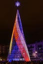 Badalona, Spain-November 19, 2023. Festive city with holiday lights and decorated Christmas tree. Badalona, spain