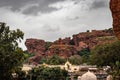 Badami cave lower Shivalaya temple with mountain foreground