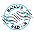BADASS, text written on blue-black postal stamp