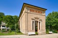 Baden-Baden, Germany - Side view of historic pump house called Trinkhalle next to cafe