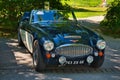 BADEN BADEN, GERMANY - JULY 2022: black AUSTIN HEALEY 3000 MK III 3 MK3 1963 cabrio roadster, oldtimer meeting in Kurpark