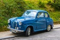 BADEN BADEN, GERMANY - JULY 2019: blue AUSTIN A30 small family car, oldtimer meeting in Kurpark