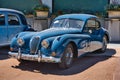 BADEN BADEN, GERMANY - JULY 2022: blue 1955 Jaguar XK140 Fixed Head Coupe, oldtimer meeting in Kurpark