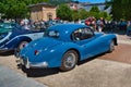 BADEN BADEN, GERMANY - JULY 2022: blue 1955 Jaguar XK140 Fixed Head Coupe, oldtimer meeting in Kurpark