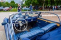 BADEN BADEN, GERMANY - JULY 2019: blue leather interior of BMW 501 502 luxury saloon cabrio roadster 1952 1964, oldtimer meeting