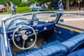 BADEN BADEN, GERMANY - JULY 2019: blue leather interior of BMW 501 502 luxury saloon cabrio roadster 1952 1964, oldtimer meeting Royalty Free Stock Photo