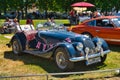 BADEN BADEN, GERMANY - JULY 2022: blue Morgan Plus 8 1968 cabrio roadster, oldtimer meeting in Kurpark