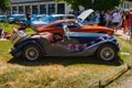 BADEN BADEN, GERMANY - JULY 2022: blue Morgan Plus 8 1968 cabrio roadster, oldtimer meeting in Kurpark