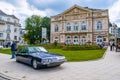 BADEN BADEN, GERMANY - JULY 2019: dark blue CITROEN SM coupe 1970 1975 with opened hood, oldtimer meeting in Kurpark near Theater Royalty Free Stock Photo