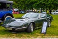 BADEN BADEN, GERMANY - JULY 2019: dark green MASERATI INDY Tipo AM116 1969 1975 coupe sport car, oldtimer meeting in Kurpark