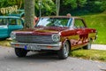 BADEN BADEN, GERMANY - JULY 2019: dark red maroon CHEVROLET NOVA 1rst generation coupe 1962 1965, oldtimer meeting in Kurpark