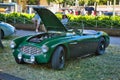 BADEN BADEN, GERMANY - JULY 2022: green AUSTIN HEALEY 3000 MK III 3 MK3 1963 cabrio roadster, oldtimer meeting in Kurpark