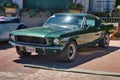 BADEN BADEN, GERMANY - JULY 2022: green FORD MUSTANG coupe first generation 1964 1973, oldtimer meeting in Kurpark