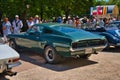 BADEN BADEN, GERMANY - JULY 2022: green FORD MUSTANG coupe first generation 1964 1973, oldtimer meeting in Kurpark