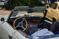 BADEN BADEN, GERMANY - JULY 2019: interior of white TRIUMPH TR4 TR5 cabrio roadster 1961 1965, oldtimer meeting in Kurpark