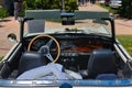 BADEN BADEN, GERMANY - JULY 2019: interior of white TRIUMPH TR4 TR5 cabrio roadster 1961 1965, oldtimer meeting in Kurpark