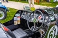 BADEN BADEN, GERMANY - JULY 2019: leather black interior of MORRIS MG J-TYPE J4 MIDGET cabrio roadster 1932 1934, oldtimer meeting