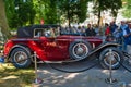 BADEN BADEN, GERMANY - JULY 2022: red black Mercedes-Benz 230 W143 1938 coupe, oldtimer meeting in Kurpark