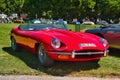 BADEN BADEN, GERMANY - JULY 2022: red 1961 Jaguar E-Type 3.8 Flat Floor Roadster cabrio, oldtimer meeting in Kurpark