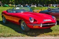 BADEN BADEN, GERMANY - JULY 2022: red 1961 Jaguar E-Type 3.8 Flat Floor Roadster cabrio, oldtimer meeting in Kurpark