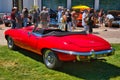 BADEN BADEN, GERMANY - JULY 2022: red 1961 Jaguar E-Type 3.8 Flat Floor Roadster cabrio, oldtimer meeting in Kurpark