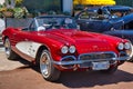 BADEN BADEN, GERMANY - JULY 2022: red white CHEVROLET CORVETTE C1 CONVERTIBLE CABRIO 1958, oldtimer meeting in Kurpark Royalty Free Stock Photo