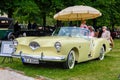 BADEN BADEN, GERMANY - JULY 2019: white beige KAISER DARRIN cabrio roadster 1954, oldtimer meeting in Kurpark