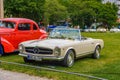 BADEN BADEN, GERMANY - JULY 2019: white beige MERCEDES 280 SL PAGODE W113 1963 1971 cabrio, oldtimer meeting in Kurpark