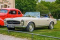BADEN BADEN, GERMANY - JULY 2019: white beige MERCEDES 280 SL PAGODE W113 1963 1971 cabrio, oldtimer meeting in Kurpark