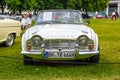 BADEN BADEN, GERMANY - JULY 2019: white TRIUMPH TR4 TR5 cabrio roadster 1961 1965, oldtimer meeting in Kurpark