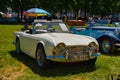 BADEN BADEN, GERMANY - JULY 2019: white TRIUMPH TR4 TR5 cabrio roadster 1961 1965, oldtimer meeting in Kurpark