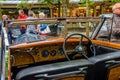 BADEN BADEN, GERMANY - JULY 2019: wooden interior of Crewe Rolls-Royce BENTLEY R TYPE cabrio 1953, oldtimer meeting in Kurpark