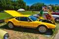 BADEN BADEN, GERMANY - JULY 2022: yellow 1971 DETOMASO PANTERA sport car, oldtimer meeting in Kurpark