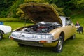 BADEN BADEN, GERMANY - JULY 2019: yellow sand beige CITROEN SM 1970 1975 with opened hood, oldtimer meeting in Kurpark