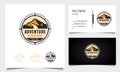 Badge adventure logo design with mountains and road with compass ornament