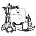 Badge design with black and white candies, croissants and bread, espresso cup, coffee pot, sugar bowl, truffle