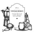 Badge design with black and white candies, croissants and bread, espresso cup, coffee pot, sugar bowl, truffle