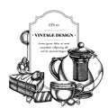 Badge design with black and white lollipop, candies, teapots, cups, cake, tartlet