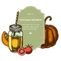 Badge design with colored cherry tomatoes, pumpkin, smothie jars