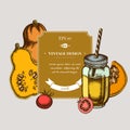 Badge design with colored cherry tomatoes, pumpkin, smothie jars