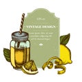 Badge design with colored lemons, basil, smothie jars Royalty Free Stock Photo