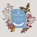 Badge design with colored shepherd s purse, heather, iris japonica, sakura, gypsophila, almond, lemon butterfly, plain