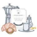 Badge design with pastel candies, croissants and bread, espresso cup, coffee pot, sugar bowl, truffle