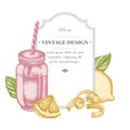 Badge design with pastel lemons, basil, smothie jars Royalty Free Stock Photo