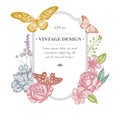 Badge design with pastel shepherd s purse, heather, iris japonica, sakura, gypsophila, almond, lemon butterfly, african